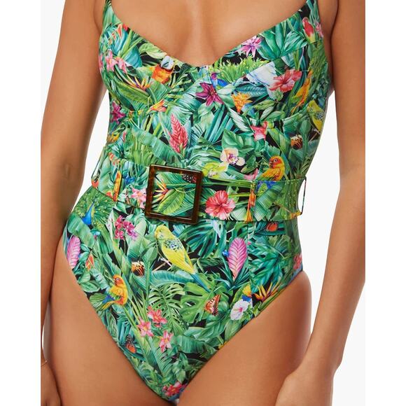 NWT Weworewhat Danielle One Piece Swimsuit Palm Green Size XS Tropical Belted - Picture 2 of 16